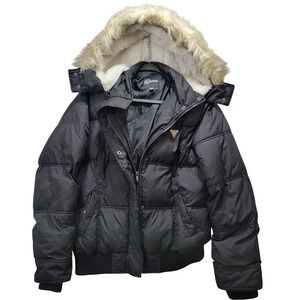 Y2K Guess Black Puffer Jacket Faux Fur Hood Quilted Bomber Coat XL 004L0900000